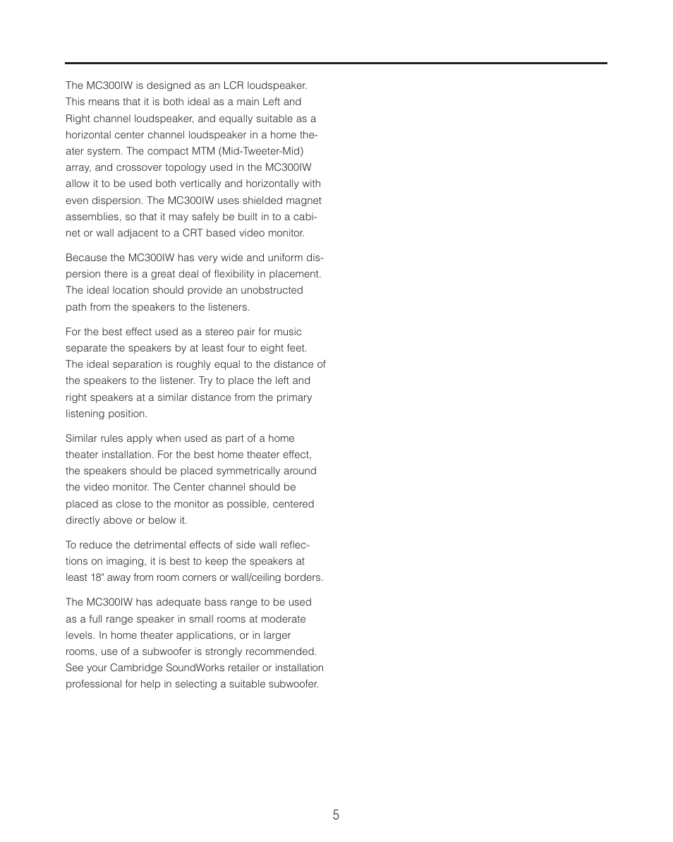 Use and placement considerations | Cambridge SoundWorks MC300IW In-Wall LCR Loudspeaker User Manual | Page 5 / 12