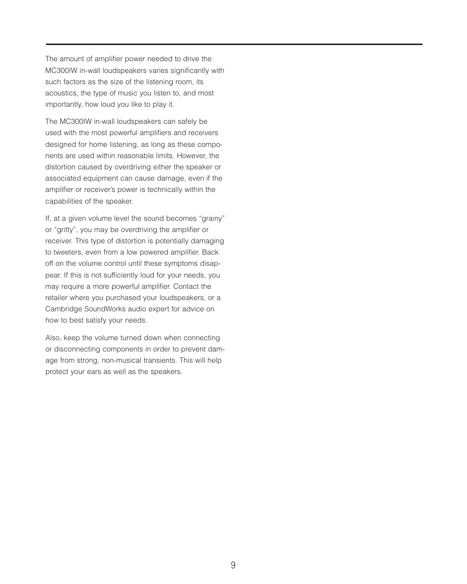 About amplifier power | Cambridge SoundWorks MC300IW In-Wall LCR Loudspeaker User Manual | Page 9 / 12