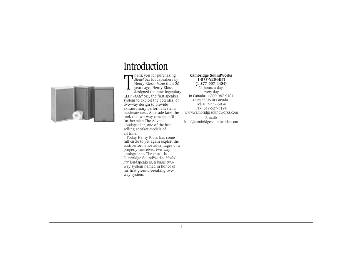 Introduction | Cambridge SoundWorks Six by Henry Kloss User Manual | Page 2 / 11