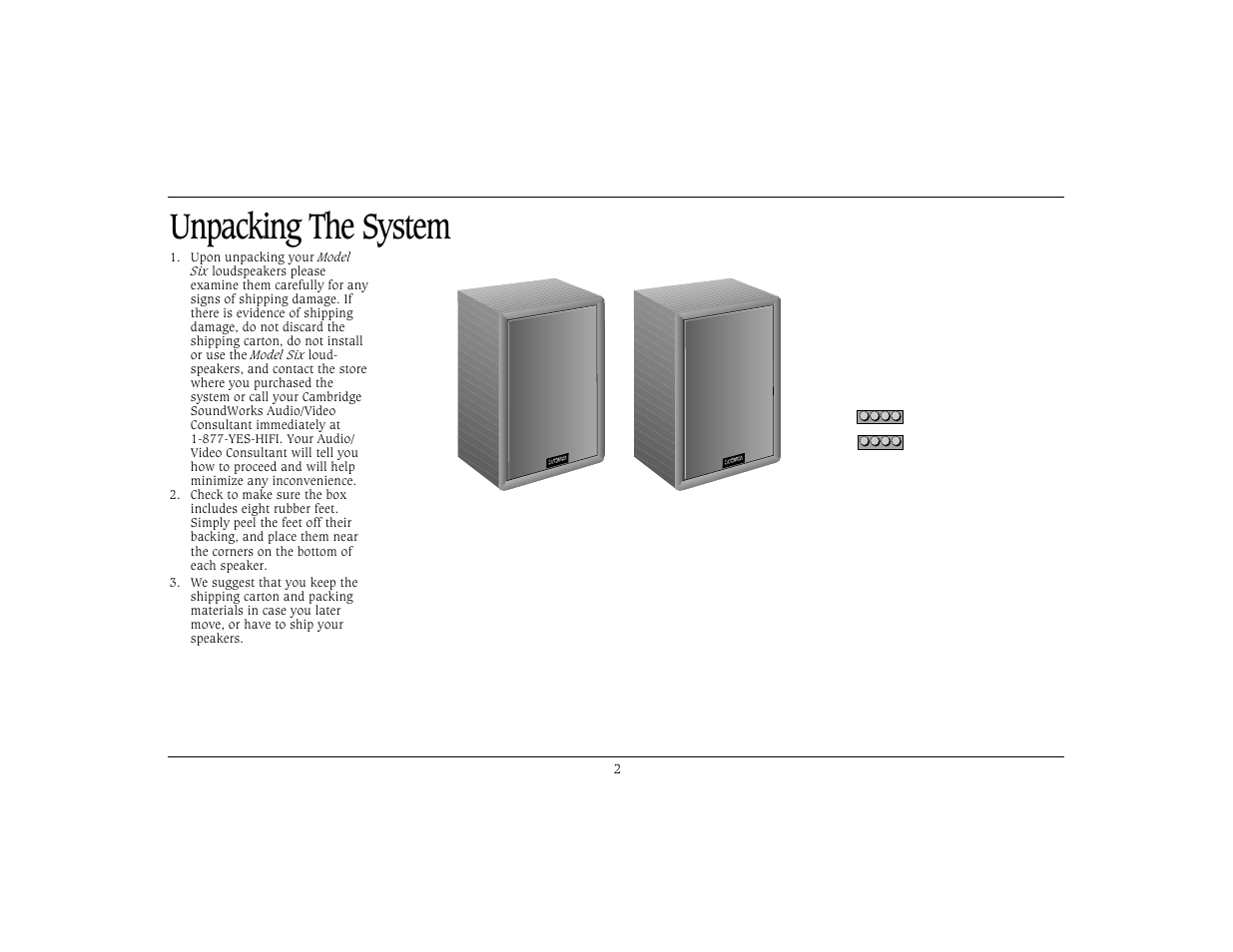 Unpacking the system, Oun d, Ork s | Cambridge SoundWorks Six by Henry Kloss User Manual | Page 3 / 11