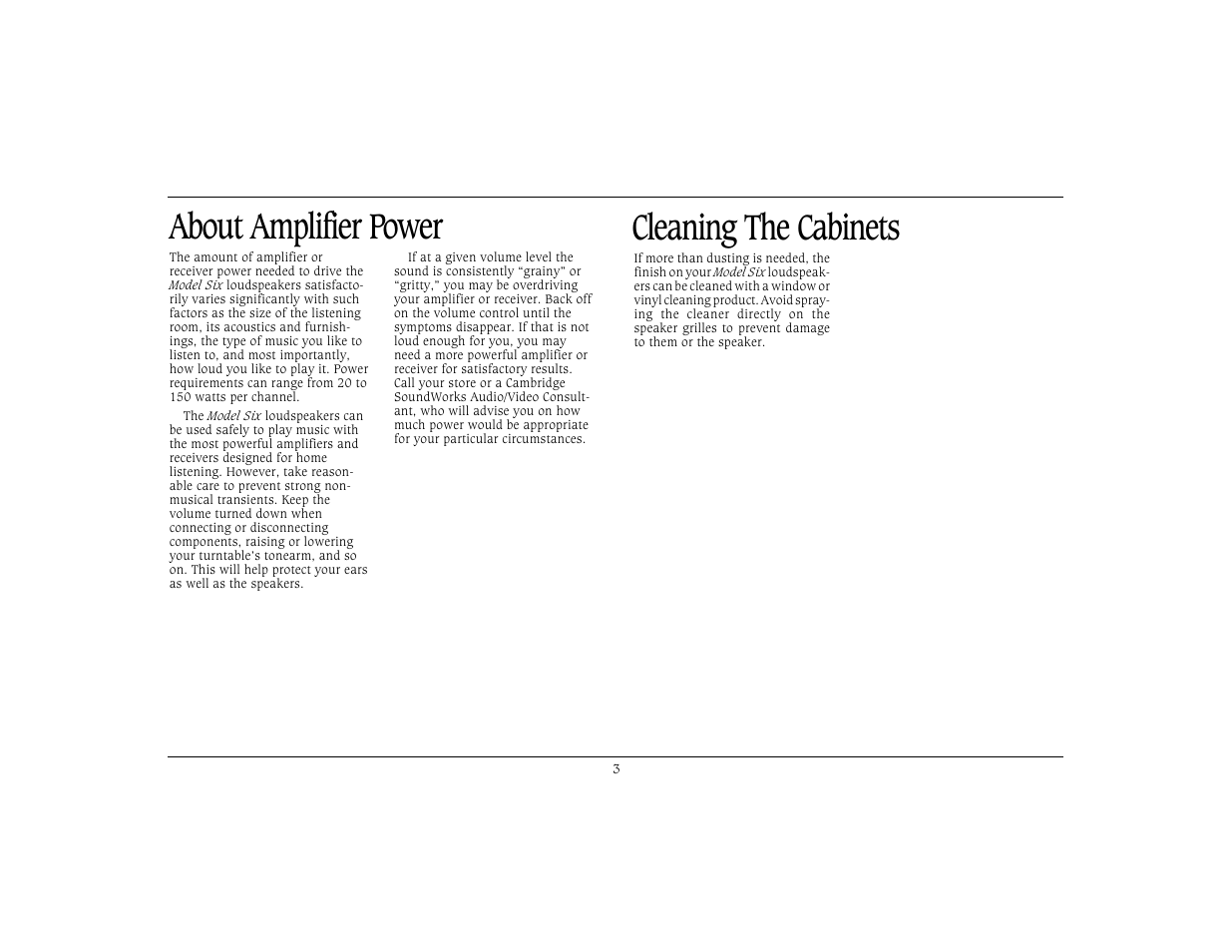 About amplifier power cleaning the cabinets | Cambridge SoundWorks Six by Henry Kloss User Manual | Page 4 / 11