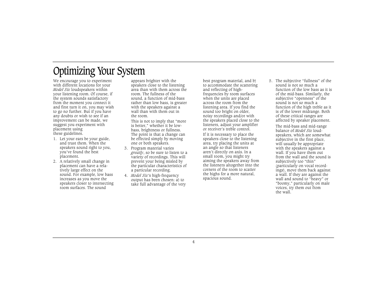 Optimizing your system | Cambridge SoundWorks Six by Henry Kloss User Manual | Page 5 / 11