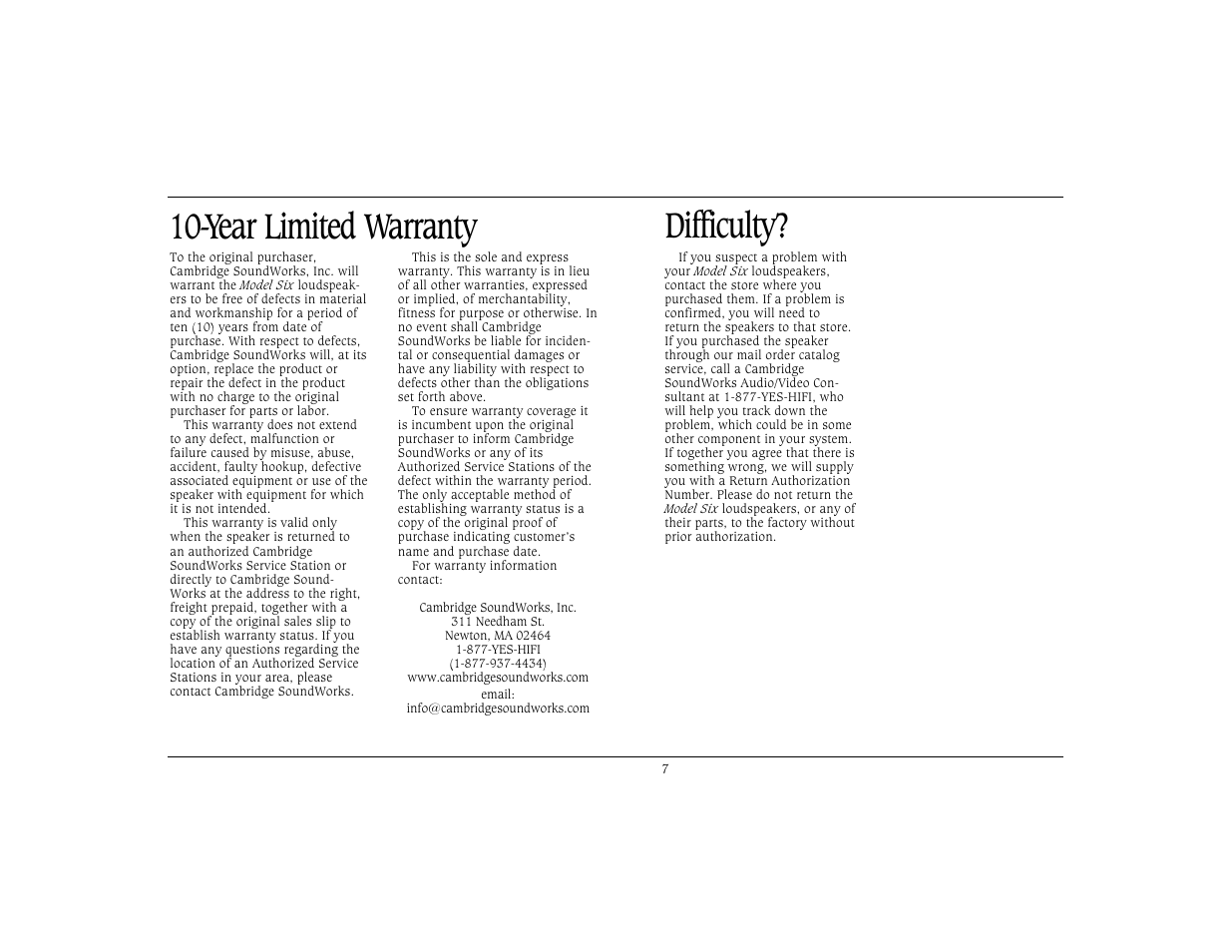 Year limited warranty difficulty | Cambridge SoundWorks Six by Henry Kloss User Manual | Page 8 / 11