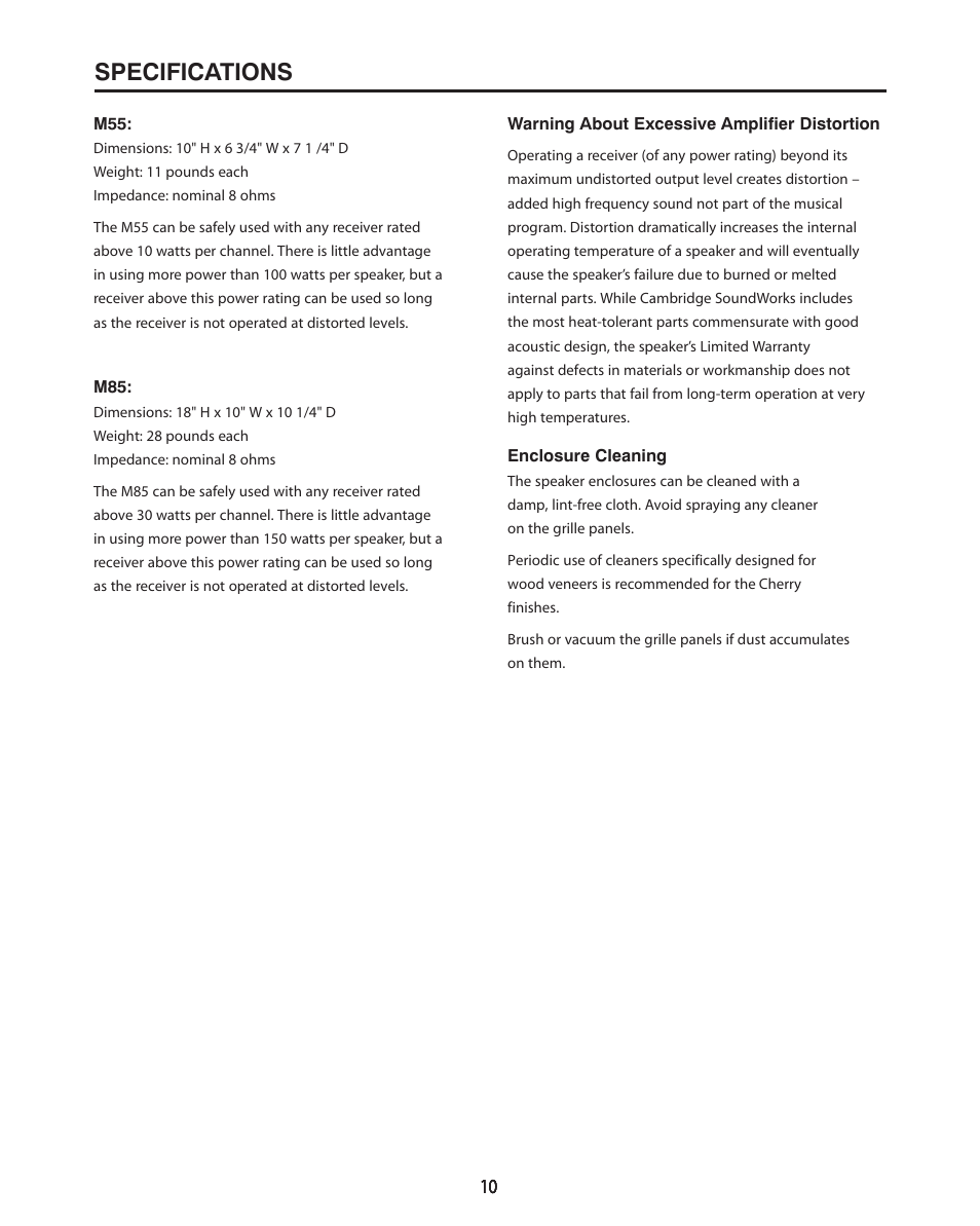 Specifications | Cambridge SoundWorks M86 Bookshelf Loudspeaker User Manual | Page 10 / 12