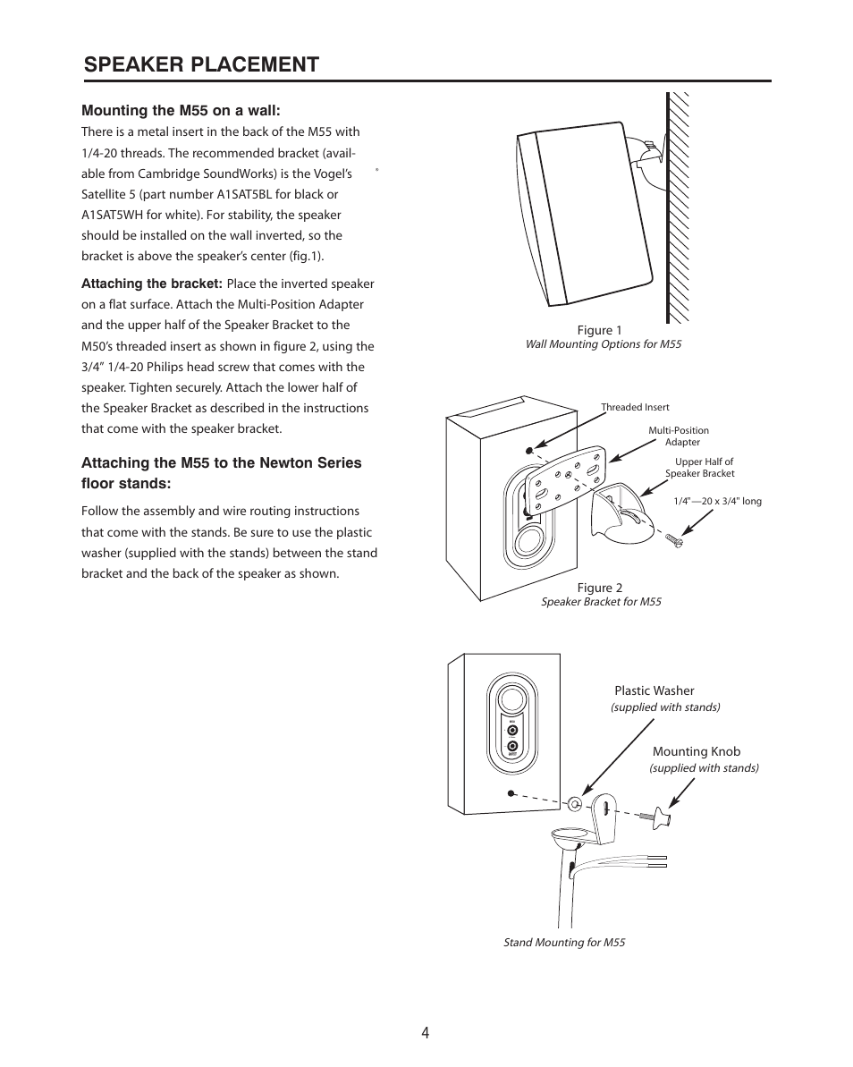 Speaker placement, Mounting the m55 on a wall | Cambridge SoundWorks M86 Bookshelf Loudspeaker User Manual | Page 4 / 12