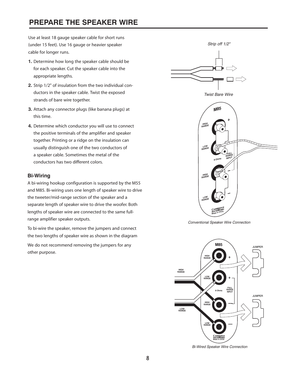 Prepare the speaker wire, Bi-wiring, 58 m | 4o 7e, Strip off 1/2" twist bare wire | Cambridge SoundWorks M86 Bookshelf Loudspeaker User Manual | Page 8 / 12