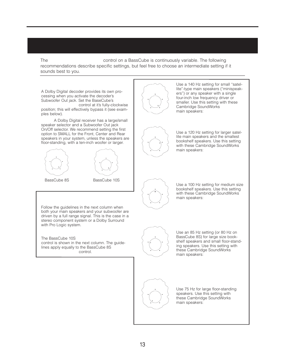 Low pass control settings, Dolby digital, Sound systems | 140 hz, 120 hz, 100 hz, 85 hz, 75 hz | Cambridge SoundWorks BassCube 10S Powered Subwoofers User Manual | Page 13 / 16
