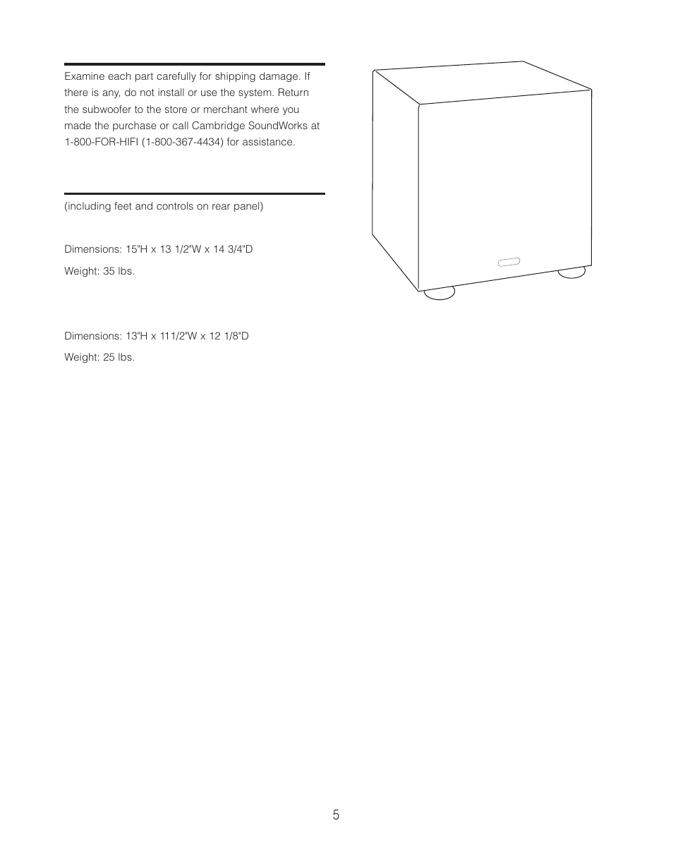 Inspecting for damage, Specifications | Cambridge SoundWorks BassCube 10S Powered Subwoofers User Manual | Page 5 / 16
