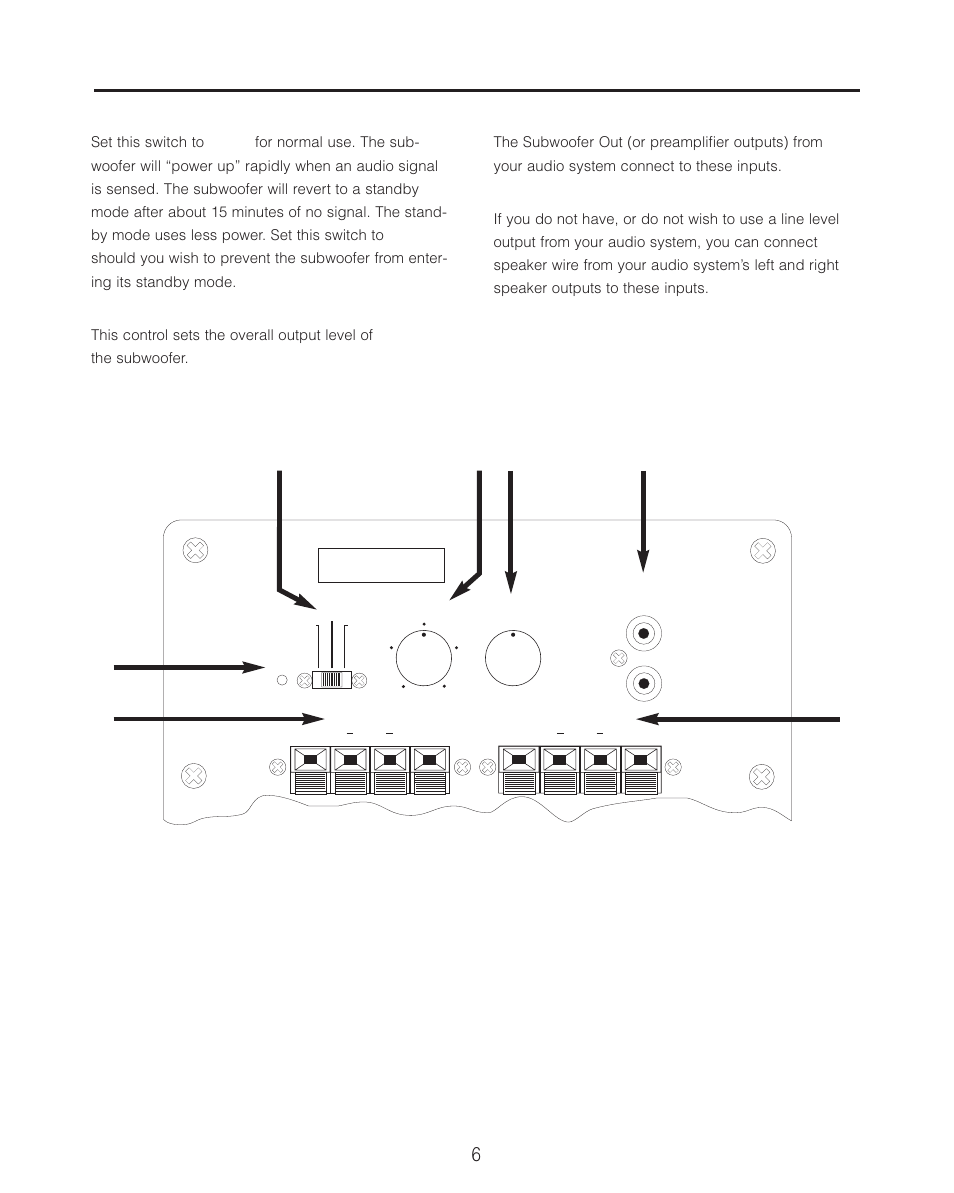 Operating controls, inputs and outputs, Off auto on, Subwoofer level | Line level inputs, Speaker level inputs | Cambridge SoundWorks BassCube 10S Powered Subwoofers User Manual | Page 6 / 16