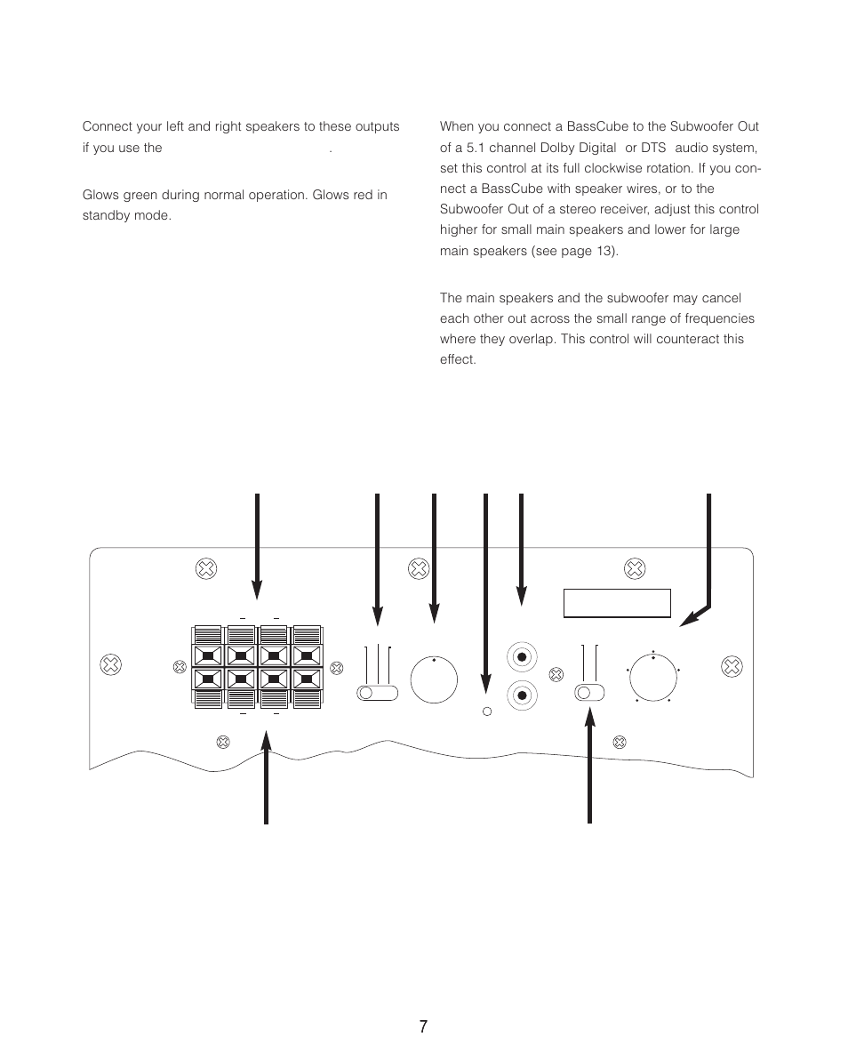 Out to speakers, Power indicator, Low pass frequency | Phase (basscube 10s only) | Cambridge SoundWorks BassCube 10S Powered Subwoofers User Manual | Page 7 / 16