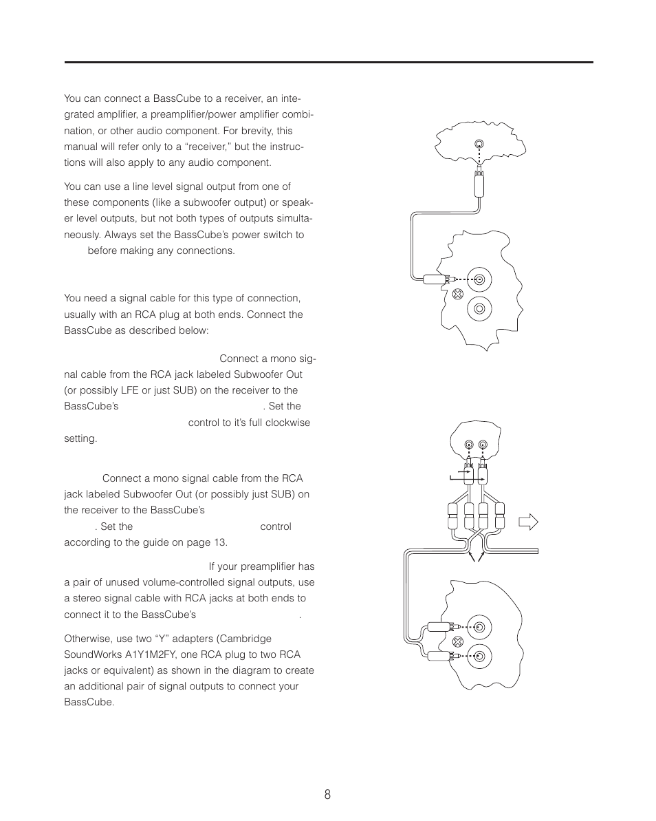 Connections, About your audio components, Line level connection | Cambridge SoundWorks BassCube 10S Powered Subwoofers User Manual | Page 8 / 16