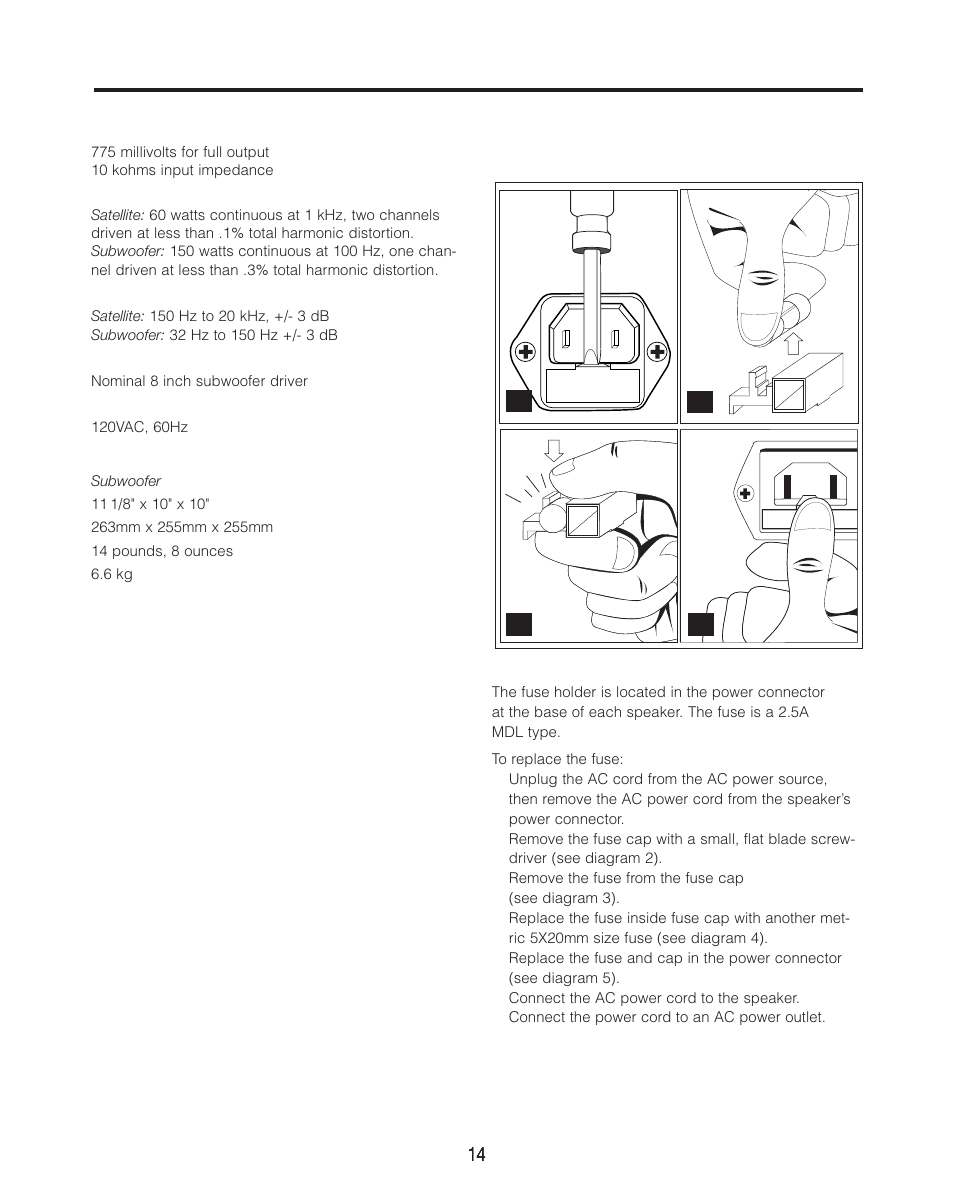 Specifications fuse replacement | Cambridge SoundWorks BassCube 821 Subwooer/ Amplifer System User Manual | Page 14 / 16