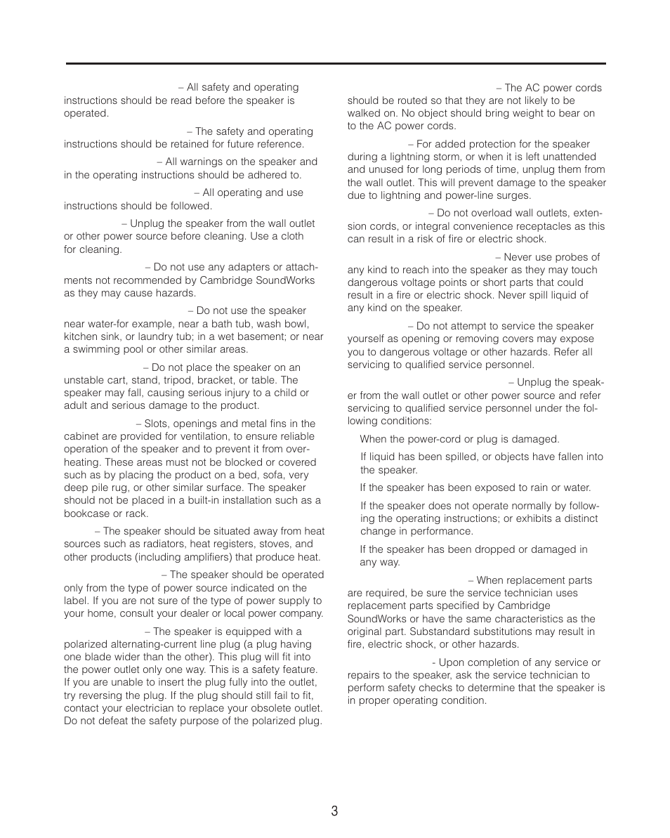 Important safety instructions | Cambridge SoundWorks BassCube 821 Subwooer/ Amplifer System User Manual | Page 3 / 16