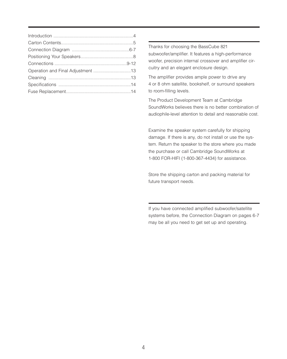 Table of contents introduction, Quick setup | Cambridge SoundWorks BassCube 821 Subwooer/ Amplifer System User Manual | Page 4 / 16