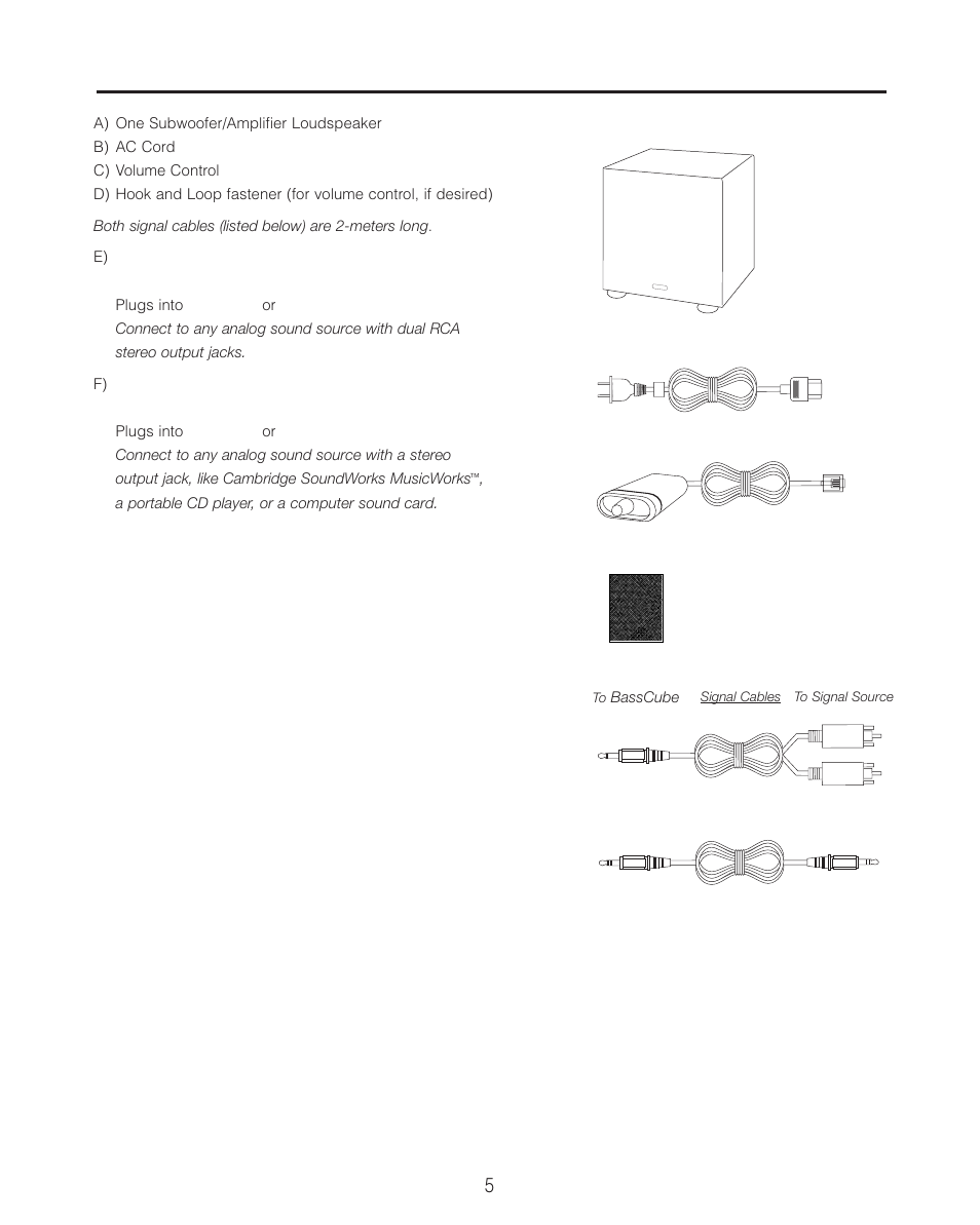 Ab e c f, Carton contents | Cambridge SoundWorks BassCube 821 Subwooer/ Amplifer System User Manual | Page 5 / 16