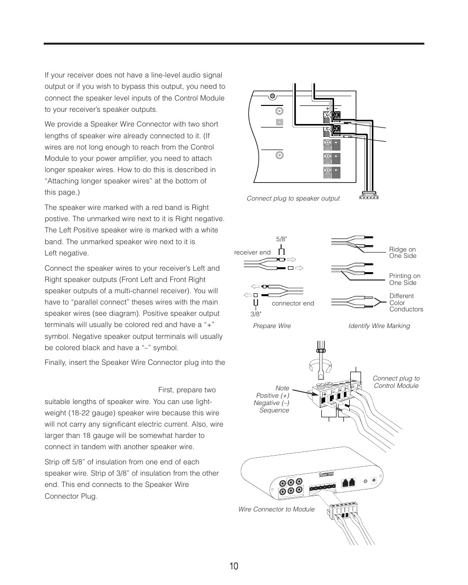 Speaker level connection, Connect plug to speaker output, Connect plug to control module | Cambridge SoundWorks P500 Subwoofer User Manual | Page 10 / 16