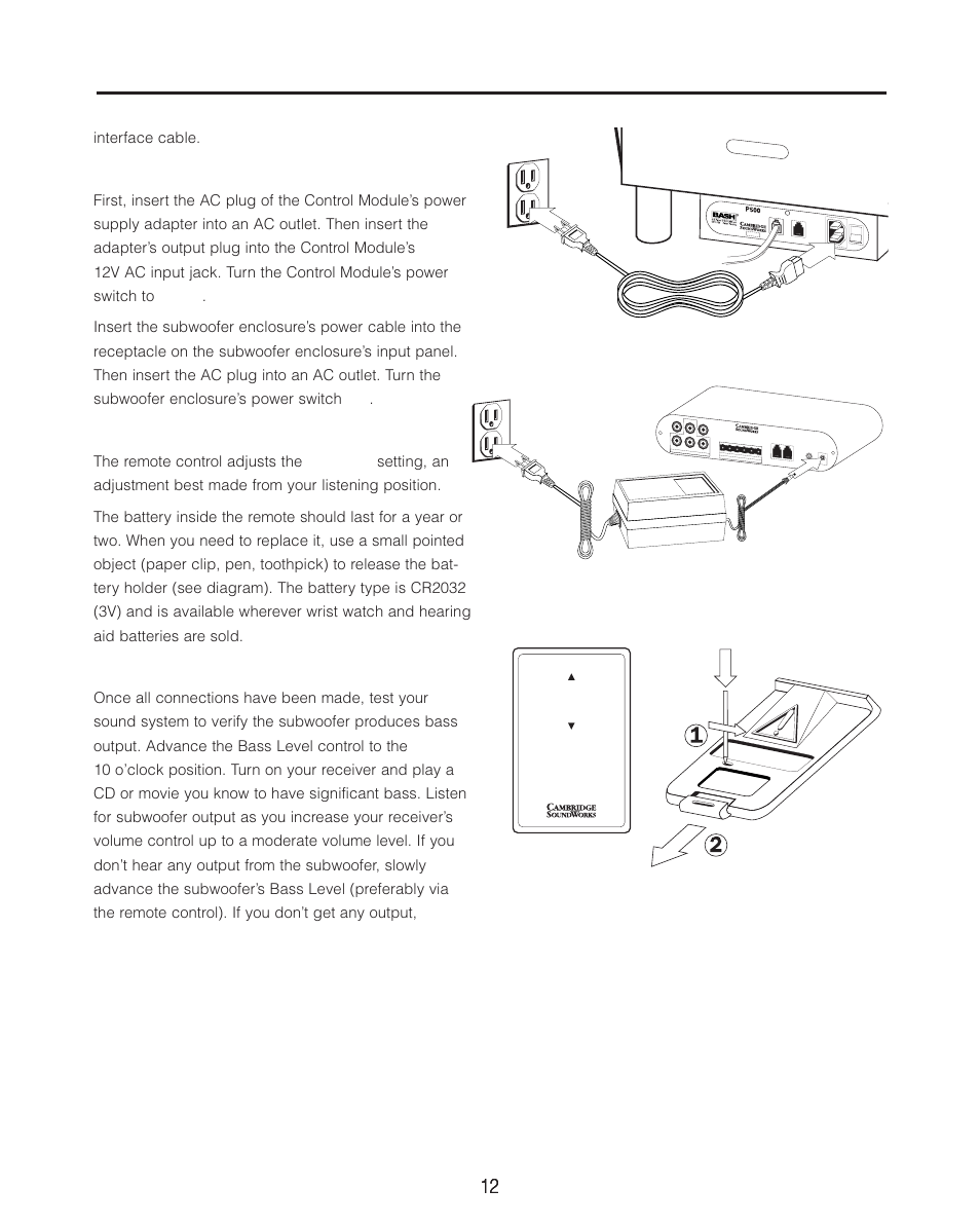 Final setup, Power connections, Remote control | Test your connections, Interface cable | Cambridge SoundWorks P500 Subwoofer User Manual | Page 12 / 16