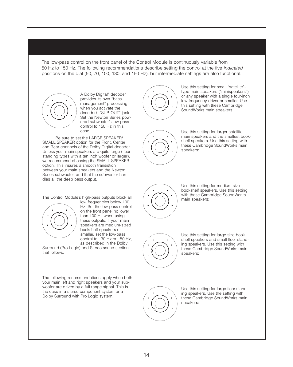 Low-pass control settings, Indicated, Dolby digital sound systems | 150 hz, 100 hz, 130 hz, 70 hz, 50 hz | Cambridge SoundWorks P500 Subwoofer User Manual | Page 14 / 16