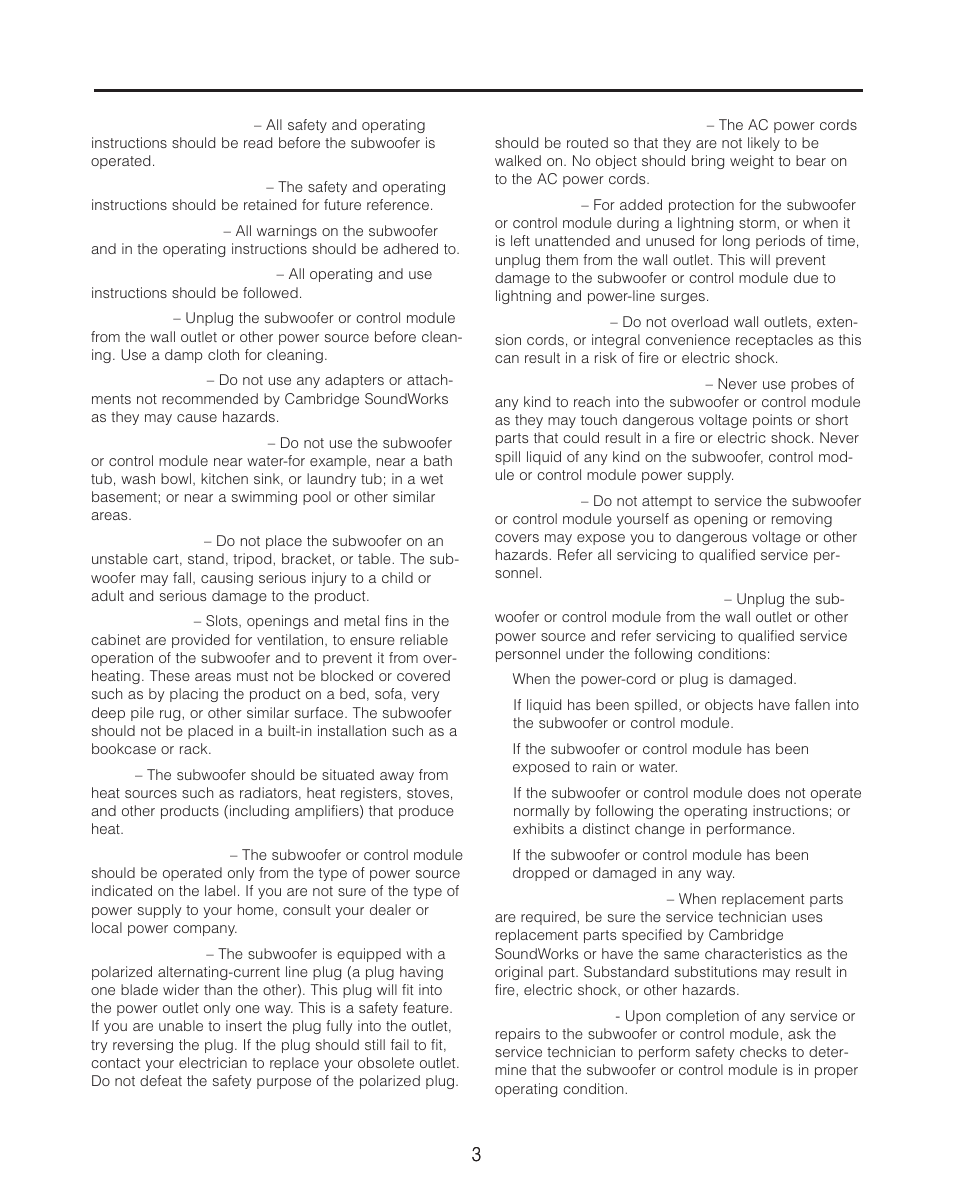 Important safety instructions | Cambridge SoundWorks P500 Subwoofer User Manual | Page 3 / 16