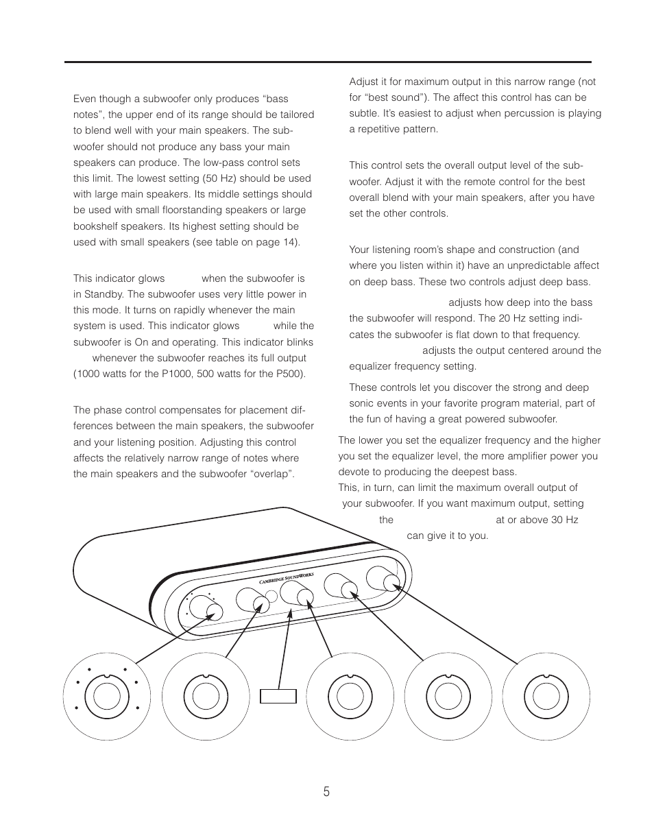 Operating controls, On/standby/limit indicator, Phase | Volume, Equalizer level and equalizer frequency | Cambridge SoundWorks P500 Subwoofer User Manual | Page 5 / 16