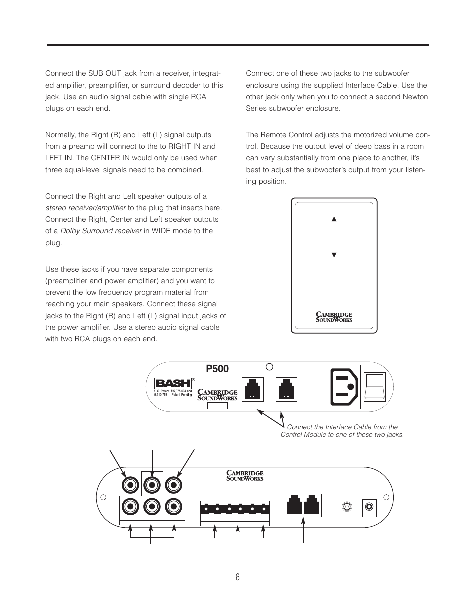 Control module inputs and outputs, Sub in, Preamp level inputs | Speaker level inputs, Right and left high pass out, Main outputs, The remote control, Stereo receiver/amplifier, Dolby surround receiver | Cambridge SoundWorks P500 Subwoofer User Manual | Page 6 / 16