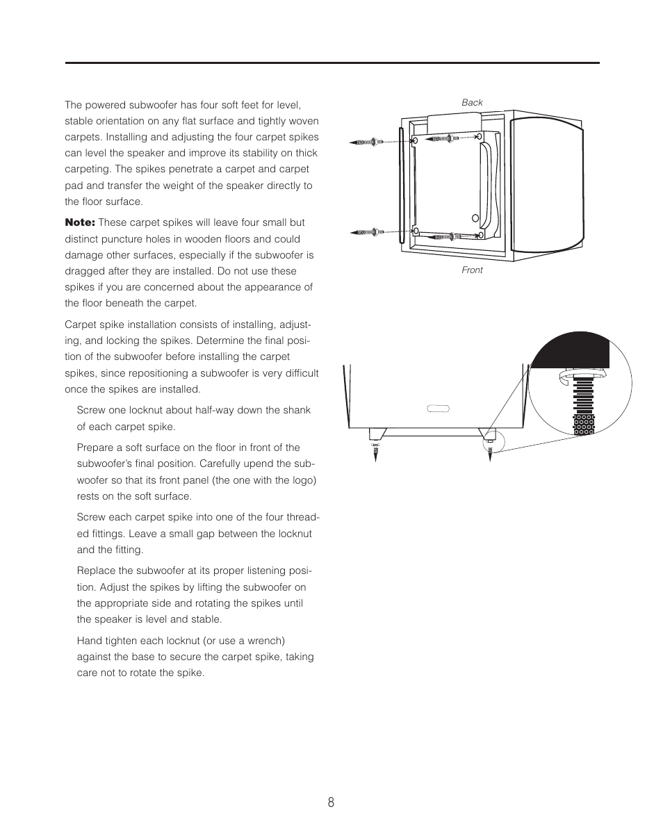 Installing carpet spikes | Cambridge SoundWorks P500 Subwoofer User Manual | Page 8 / 16