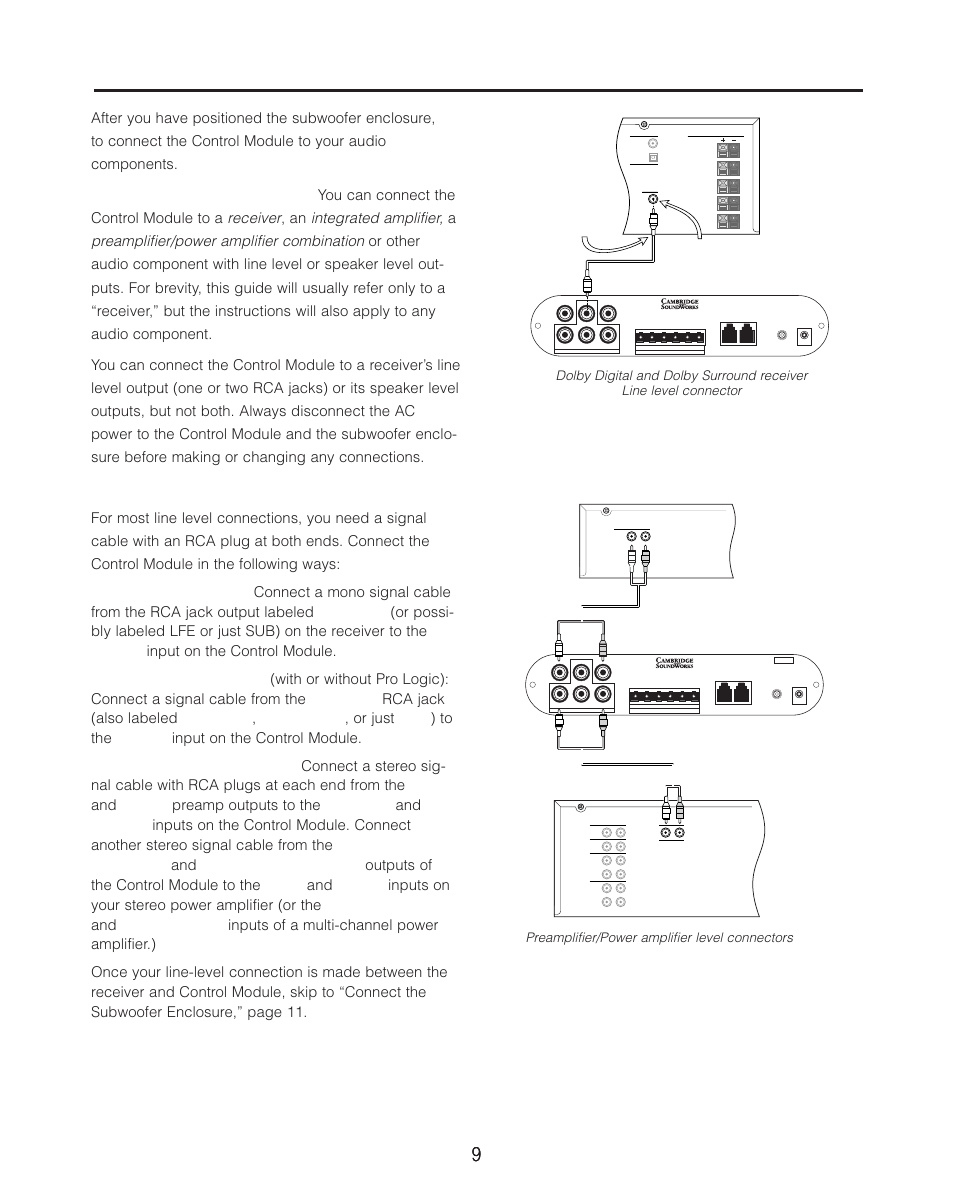 Connections, Line level connections, Receiver | Integrated amplifier, Preamplifier/power amplifier combination | Cambridge SoundWorks P500 Subwoofer User Manual | Page 9 / 16