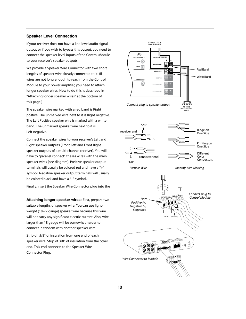 Speaker level connection, F 7e 4he #onnect &inally, Attaching longer speaker wires: &irst 3trip | Onnect, Onnect #ontrol, 7ire .ote 0ositive .egative 3equence, Red band white band | Cambridge SoundWorks P1005 1000 Watt Powered Subwoofer User Manual | Page 10 / 16