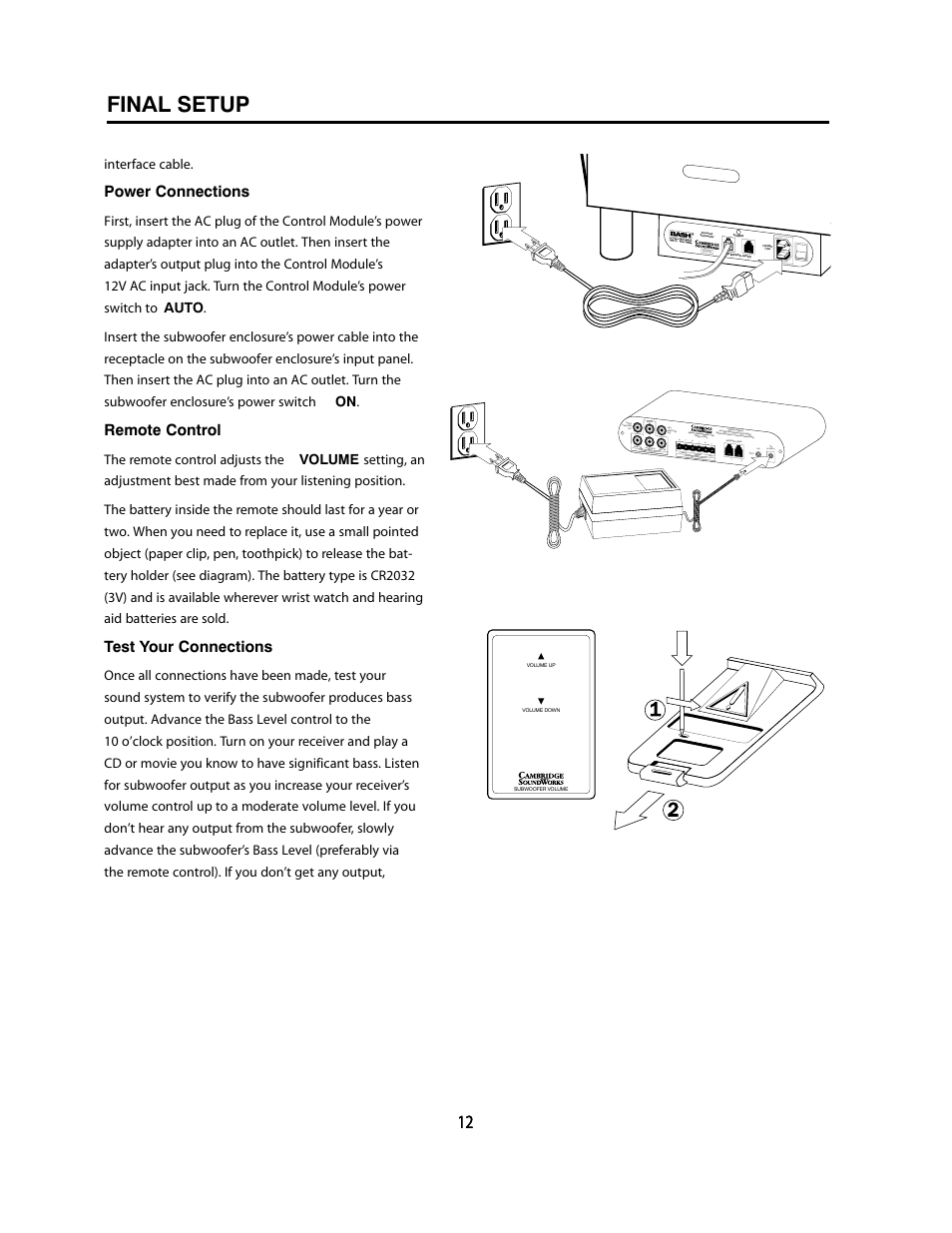 Final setup, Power connections, Remote control | Test your connections, Interface, Irst )nsert on | Cambridge SoundWorks P1005 1000 Watt Powered Subwoofer User Manual | Page 12 / 16