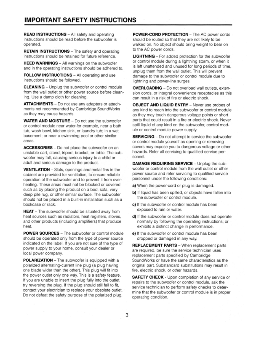 Cambridge SoundWorks P1005 1000 Watt Powered Subwoofer User Manual | Page 3 / 16