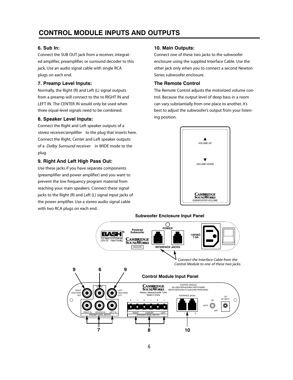 Control module inputs and outputs, Sub in, Preamp level inputs | Speaker level inputs, Right and left high pass out, Main outputs, The remote control, Onnect, Ormally, Onnect $olby plug | Cambridge SoundWorks P1005 1000 Watt Powered Subwoofer User Manual | Page 6 / 16