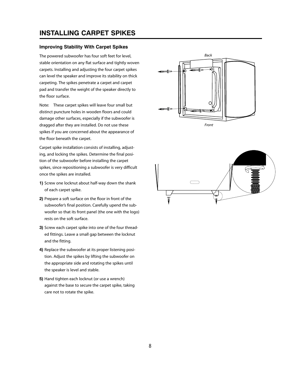 Installing carpet spikes | Cambridge SoundWorks P1005 1000 Watt Powered Subwoofer User Manual | Page 8 / 16