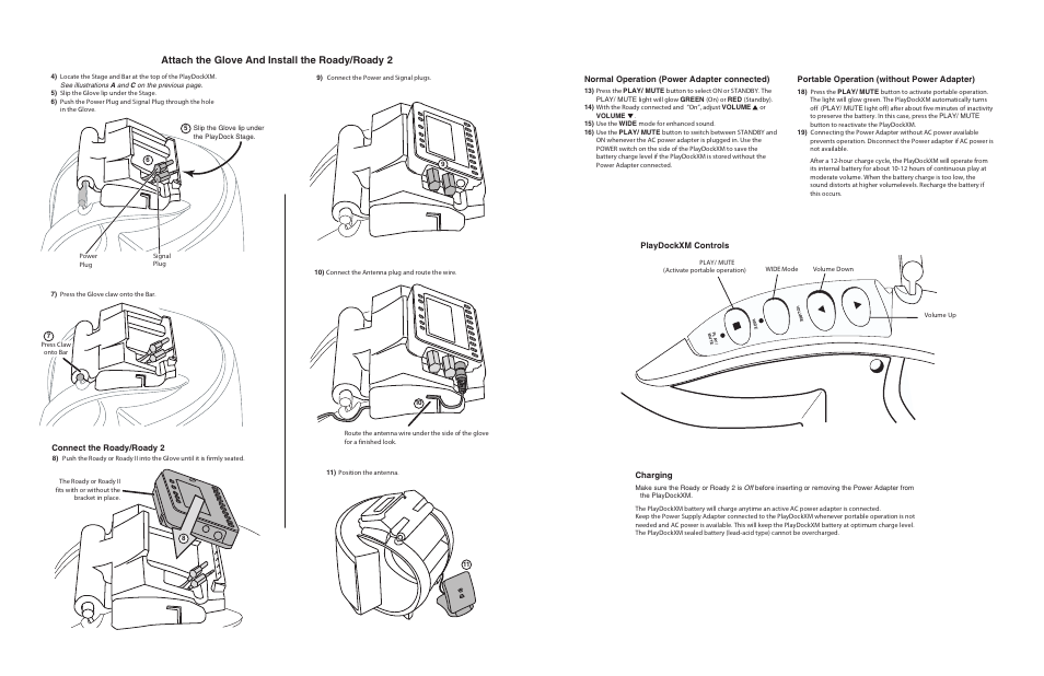 Attach the glove and install the roady/roady 2, Normal operation (power adapter connected), Playdockxm controls | Connect the roady/roady 2, Portable operation (without power adapter), Charging | Cambridge SoundWorks PlayDock XM for Delphi Ready and Ready2 XM satellite radio receivers User Manual | Page 2 / 3