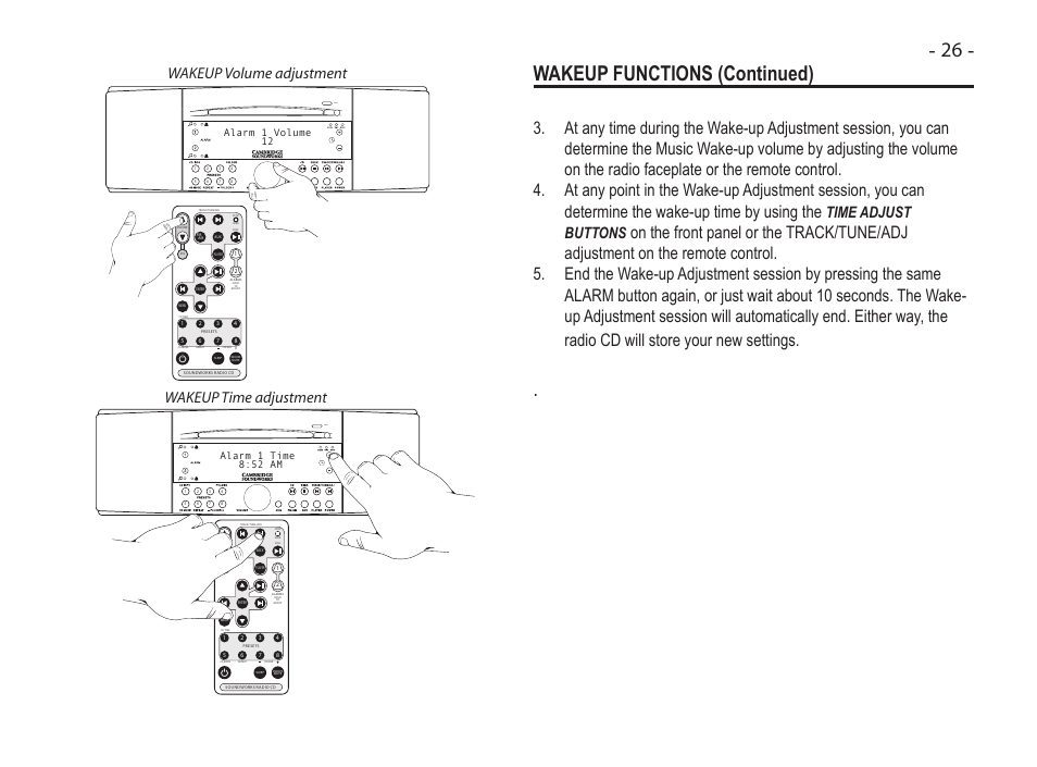 Wakeup functions (continued), Cd in, Time adjust buttons | Wakeup volume adjustment wakeup time adjustment | Cambridge SoundWorks Soundworks Radio 745 User Manual | Page 29 / 40