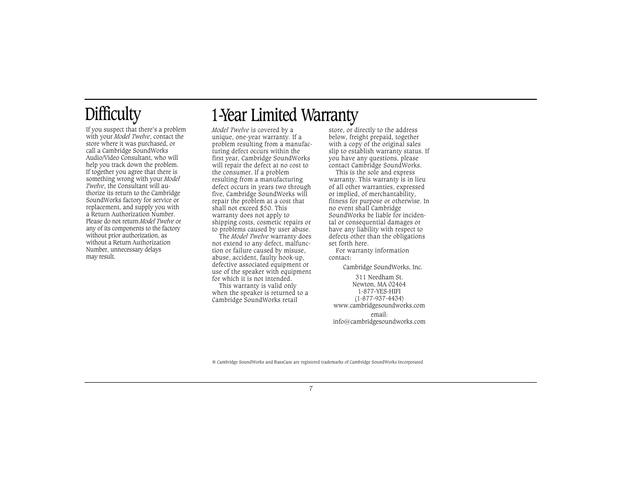 Difficulty, Year limited warranty | Cambridge SoundWorks The Model Twelve Transportable Componenet Music System by Henry Kloss User Manual | Page 10 / 11