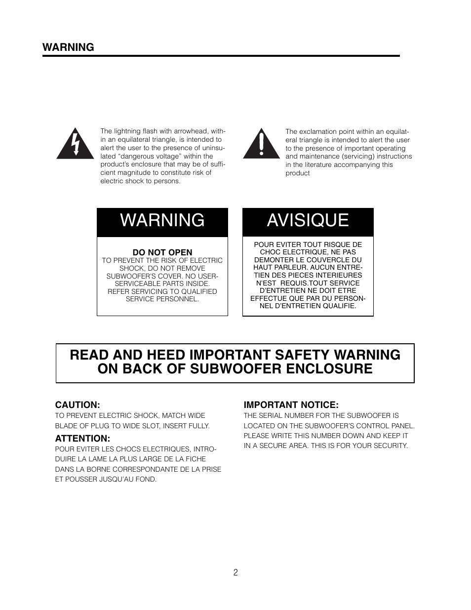 Warning, Avisique | Cambridge SoundWorks HD P300HD High Definition Powered Subwoofer User Manual | Page 2 / 12