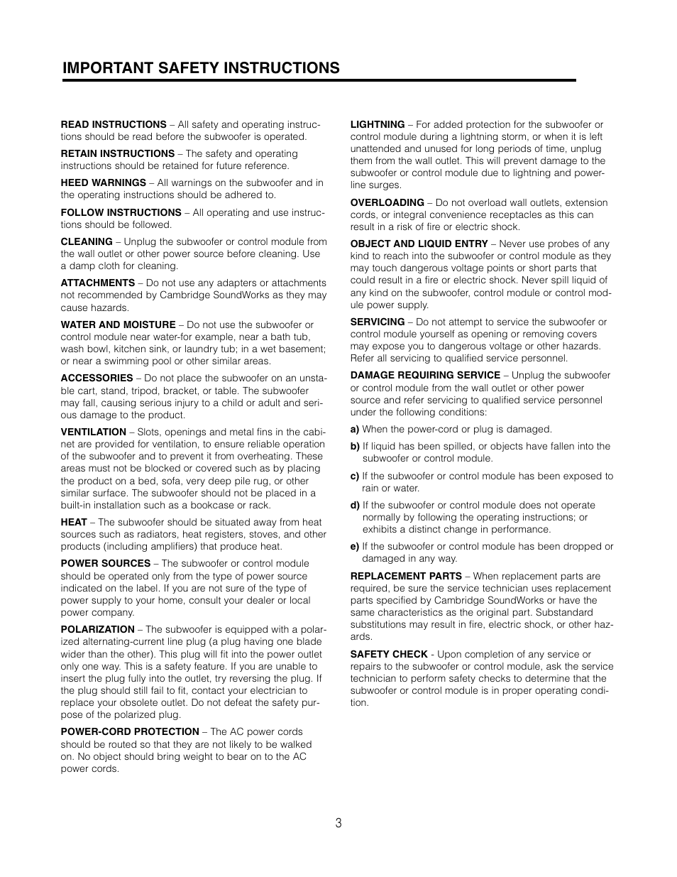 Important safety instructions | Cambridge SoundWorks HD P300HD High Definition Powered Subwoofer User Manual | Page 3 / 12
