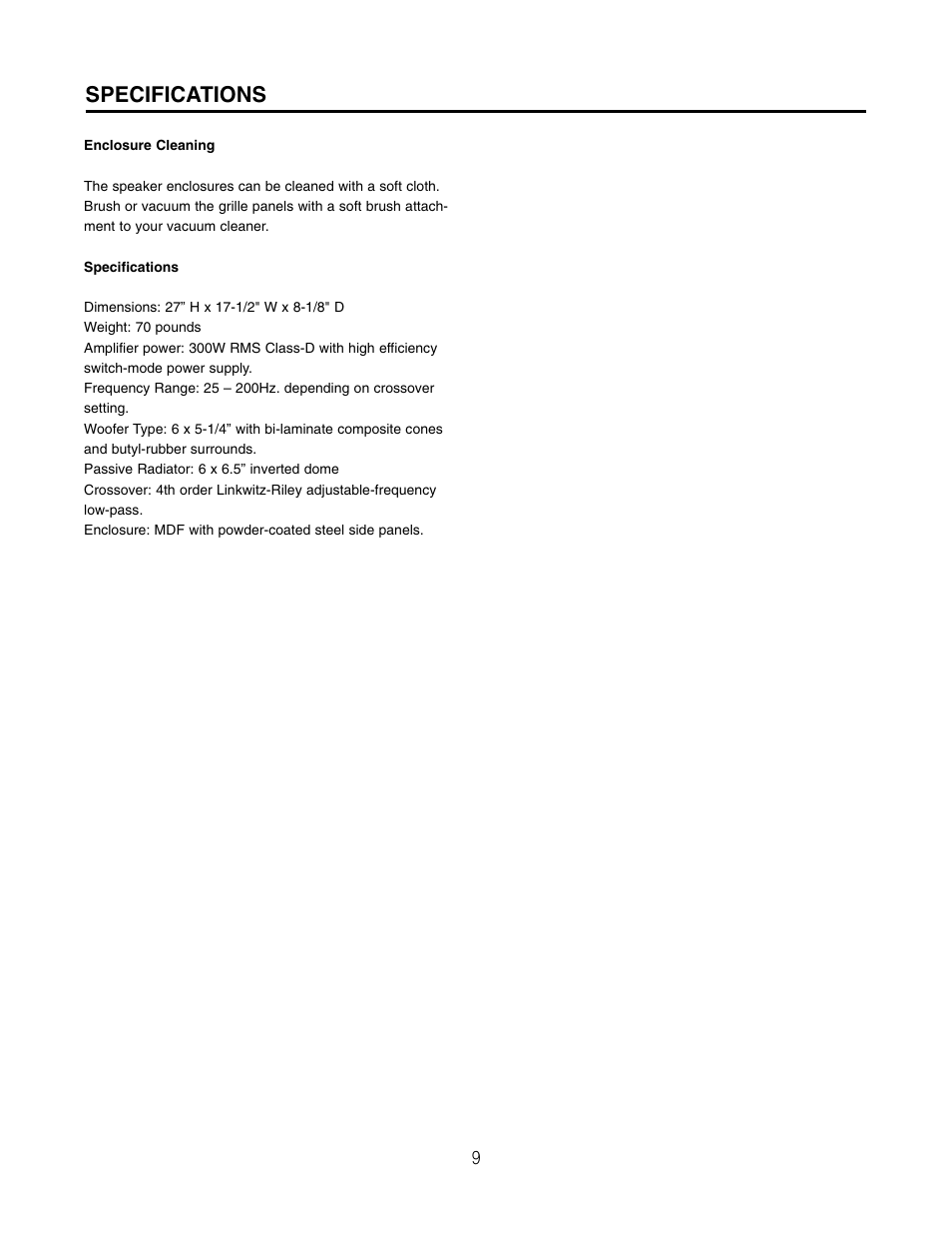 Specifications | Cambridge SoundWorks HD P300HD High Definition Powered Subwoofer User Manual | Page 9 / 12