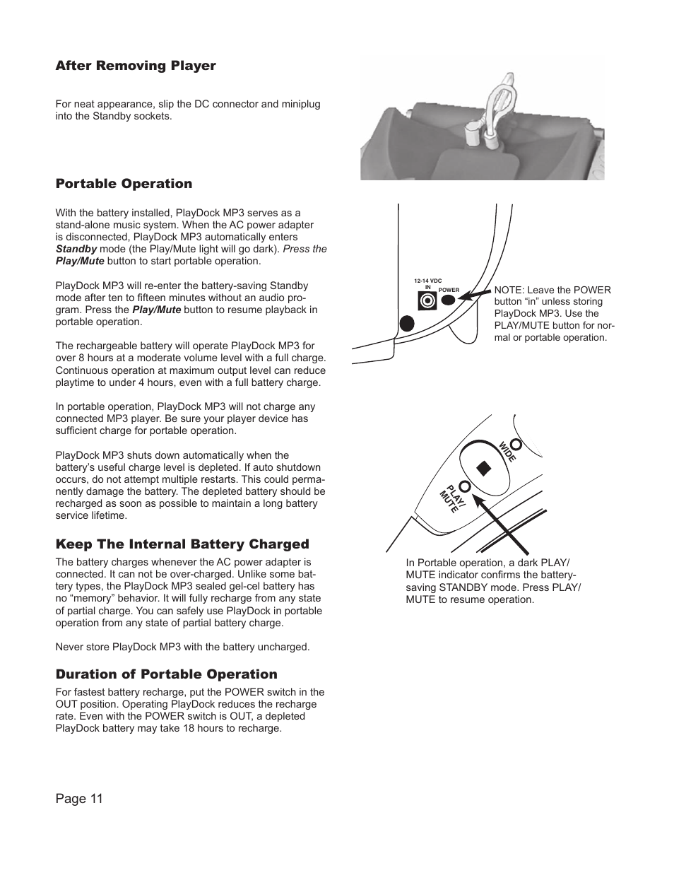After removing player, Portable operation, Page 11 keep the internal battery charged | Duration of portable operation | Cambridge SoundWorks PlayDock MP3 User Manual | Page 13 / 16