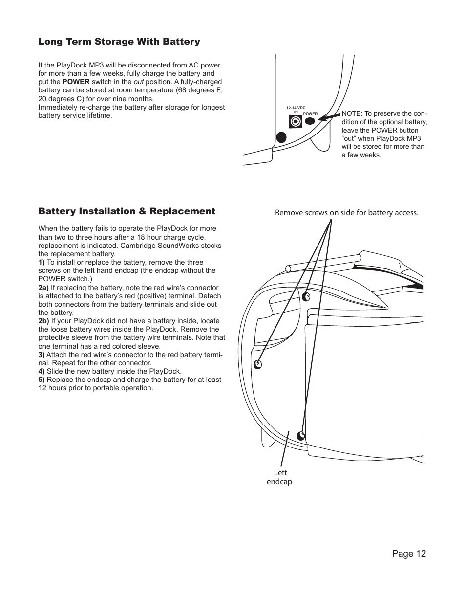 Long term storage with battery, Battery installation & replacement, Page 12 | Cambridge SoundWorks PlayDock MP3 User Manual | Page 14 / 16