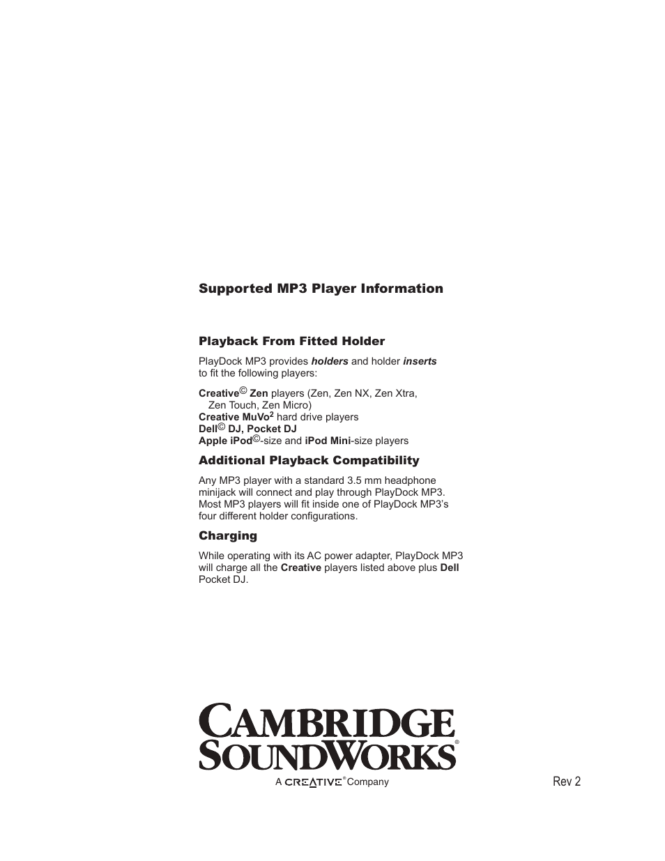 Rev 2, Supported mp3 player information | Cambridge SoundWorks PlayDock MP3 User Manual | Page 16 / 16