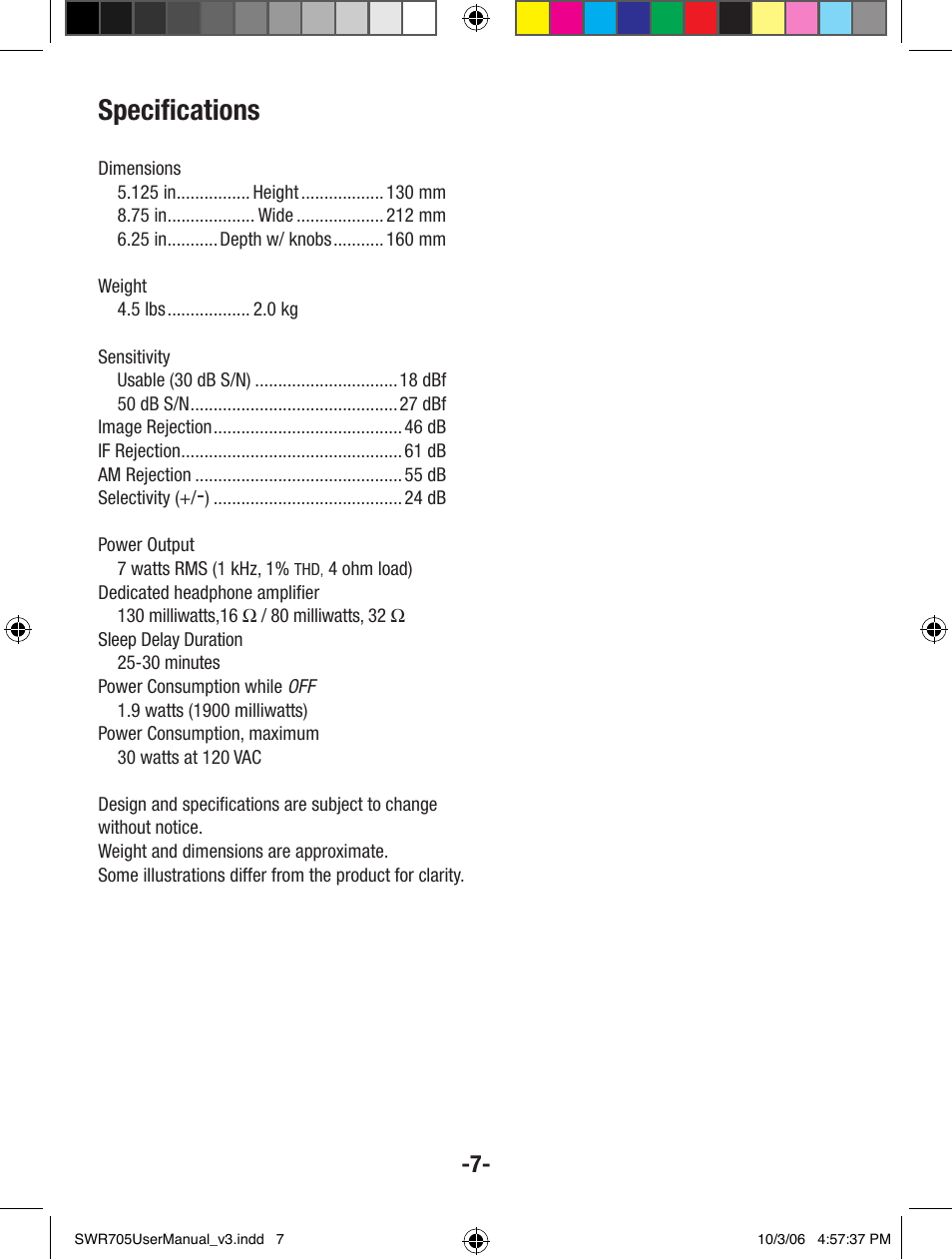 Specifications | Cambridge SoundWorks SoundWorks 705 User Manual | Page 7 / 8