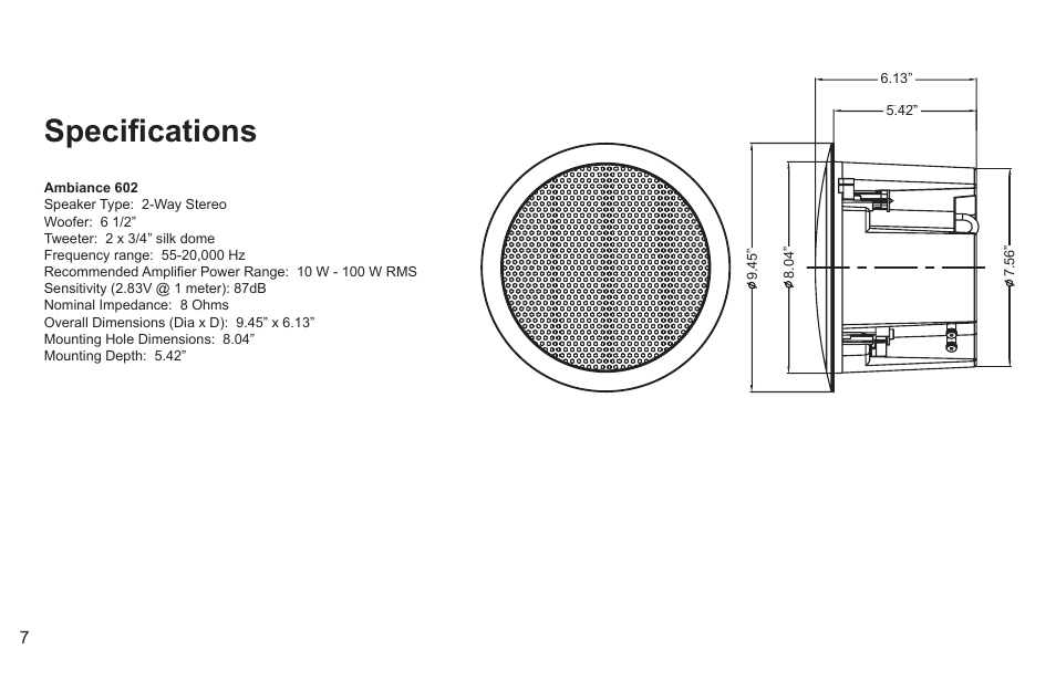 Specifications | Cambridge SoundWorks Ambiance 602 6.5 2-Way In-Ceiling Stereo Loudspeaker User Manual | Page 10 / 12