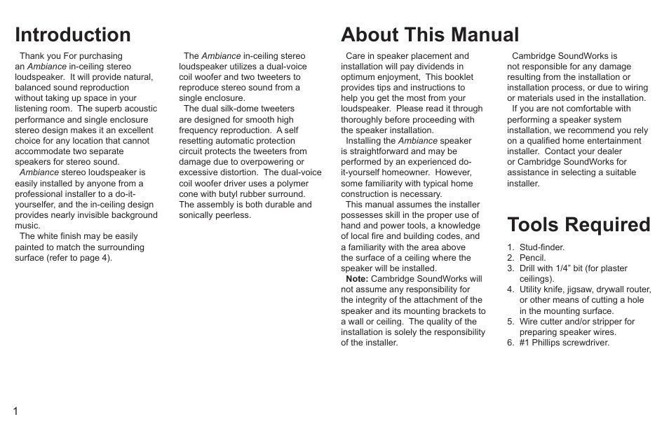 Introduction tools required about this manual | Cambridge SoundWorks Ambiance 602 6.5 2-Way In-Ceiling Stereo Loudspeaker User Manual | Page 4 / 12