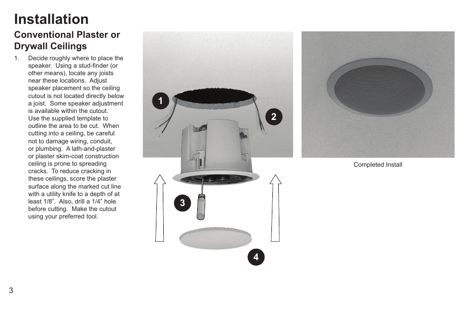 Installation, Conventional plaster or drywall ceilings 1 2 3 4 | Cambridge SoundWorks Ambiance 602 6.5 2-Way In-Ceiling Stereo Loudspeaker User Manual | Page 6 / 12