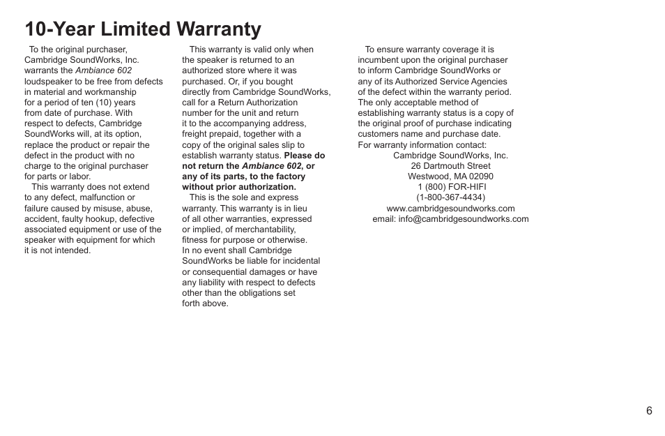 Year limited warranty | Cambridge SoundWorks Ambiance 602 6.5 2-Way In-Ceiling Stereo Loudspeaker User Manual | Page 9 / 12