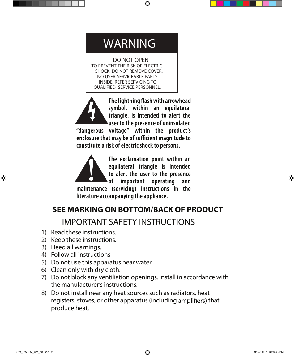 Warning, Important safety instructions, See marking on bottom/back of product | Cambridge SoundWorks SoundWorks 765i User Manual | Page 2 / 32