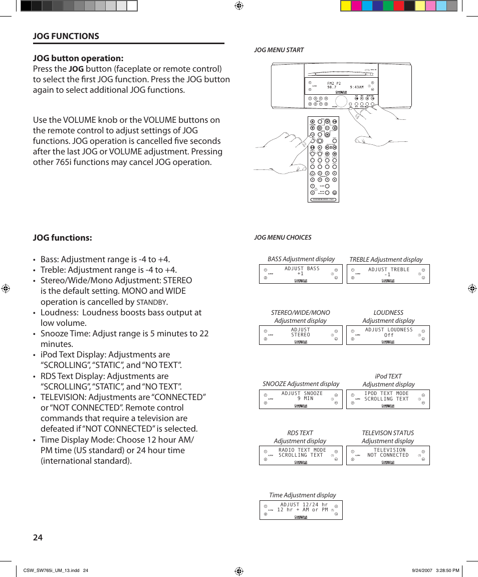 Jog button operation: press.the | Cambridge SoundWorks SoundWorks 765i User Manual | Page 24 / 32