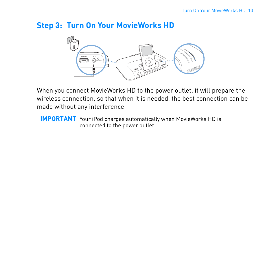 Step 3: turn on your movieworks hd, Turn on your movieworks hd 10 | Cambridge SoundWorks MovieWorks HD User Manual | Page 11 / 36