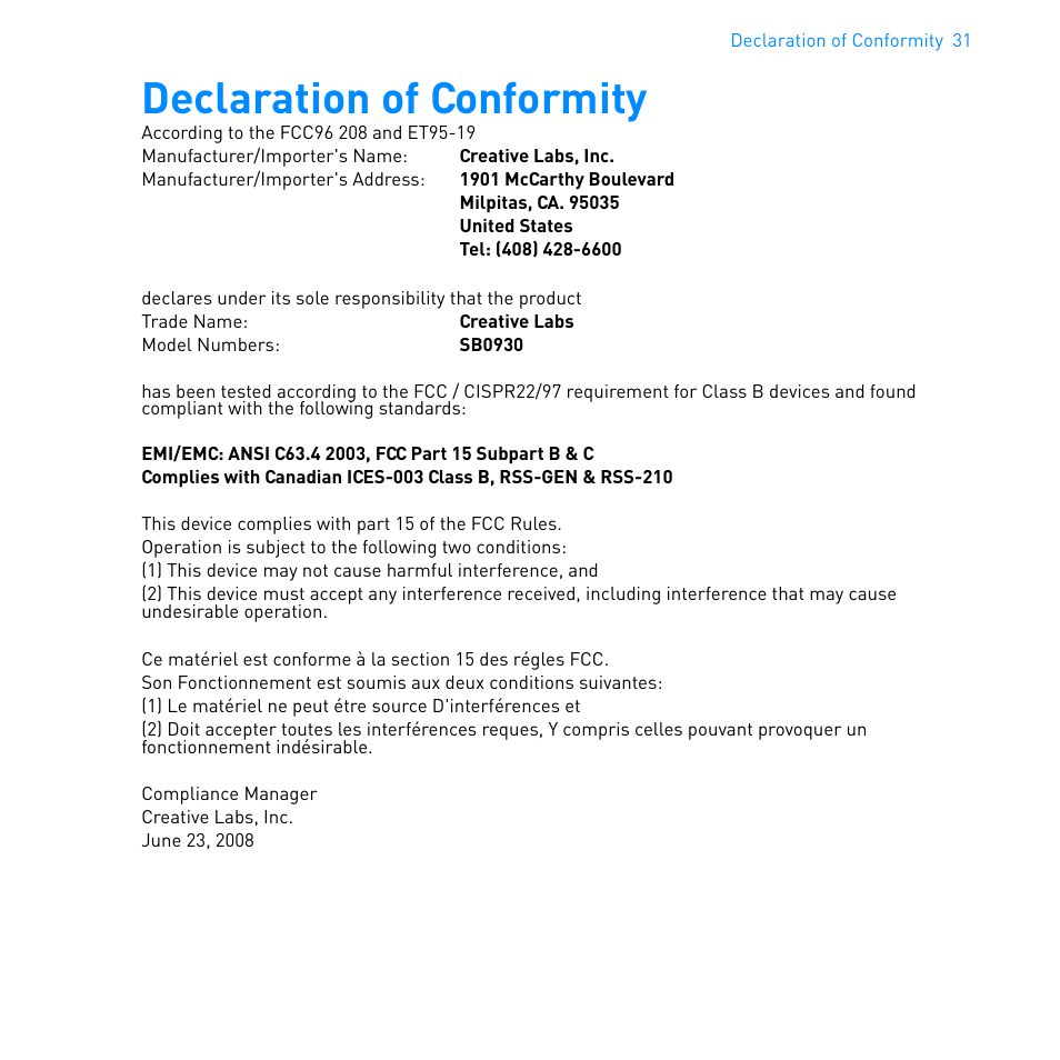 Declaration of conformity | Cambridge SoundWorks MovieWorks HD User Manual | Page 32 / 36